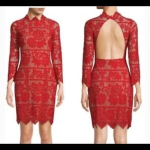 For Love & Lemons Rosetta Open Back Long Sleeve Red Lace High Neck